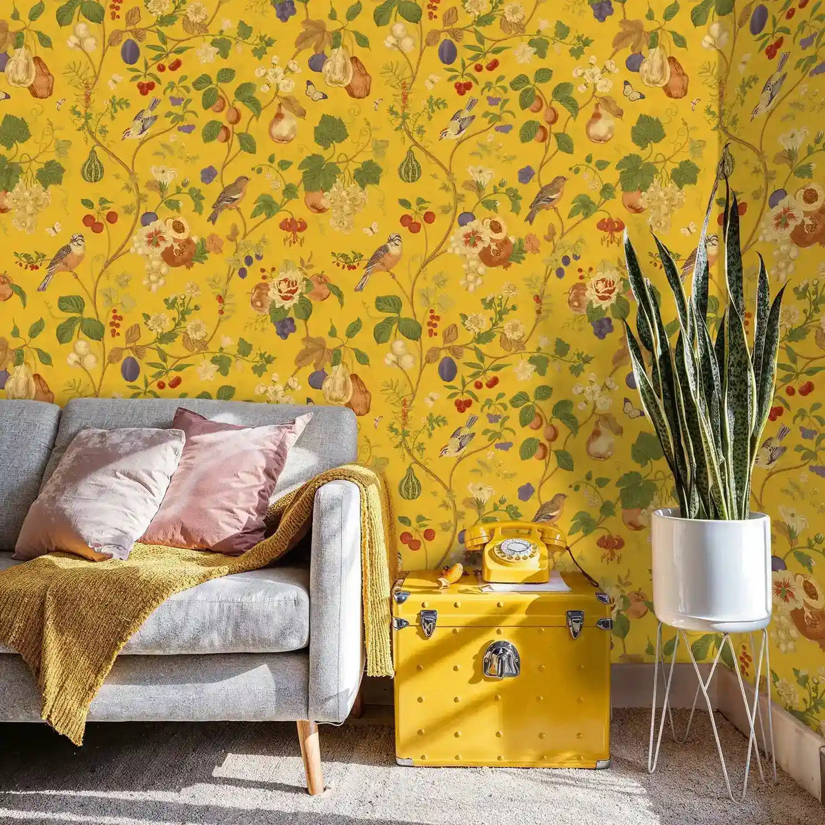 Papier peint jardin botanique, oiseaux et fruits