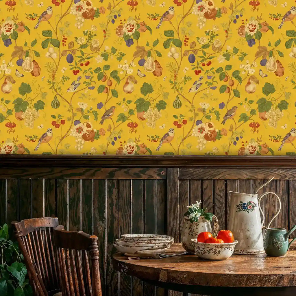 Papier peint jardin botanique, oiseaux et fruits