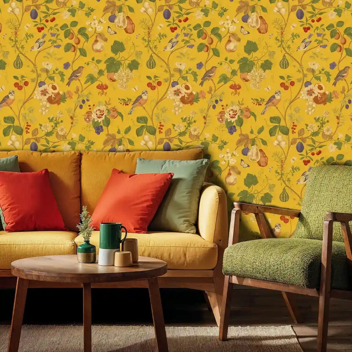 Papier peint jardin botanique, oiseaux et fruits