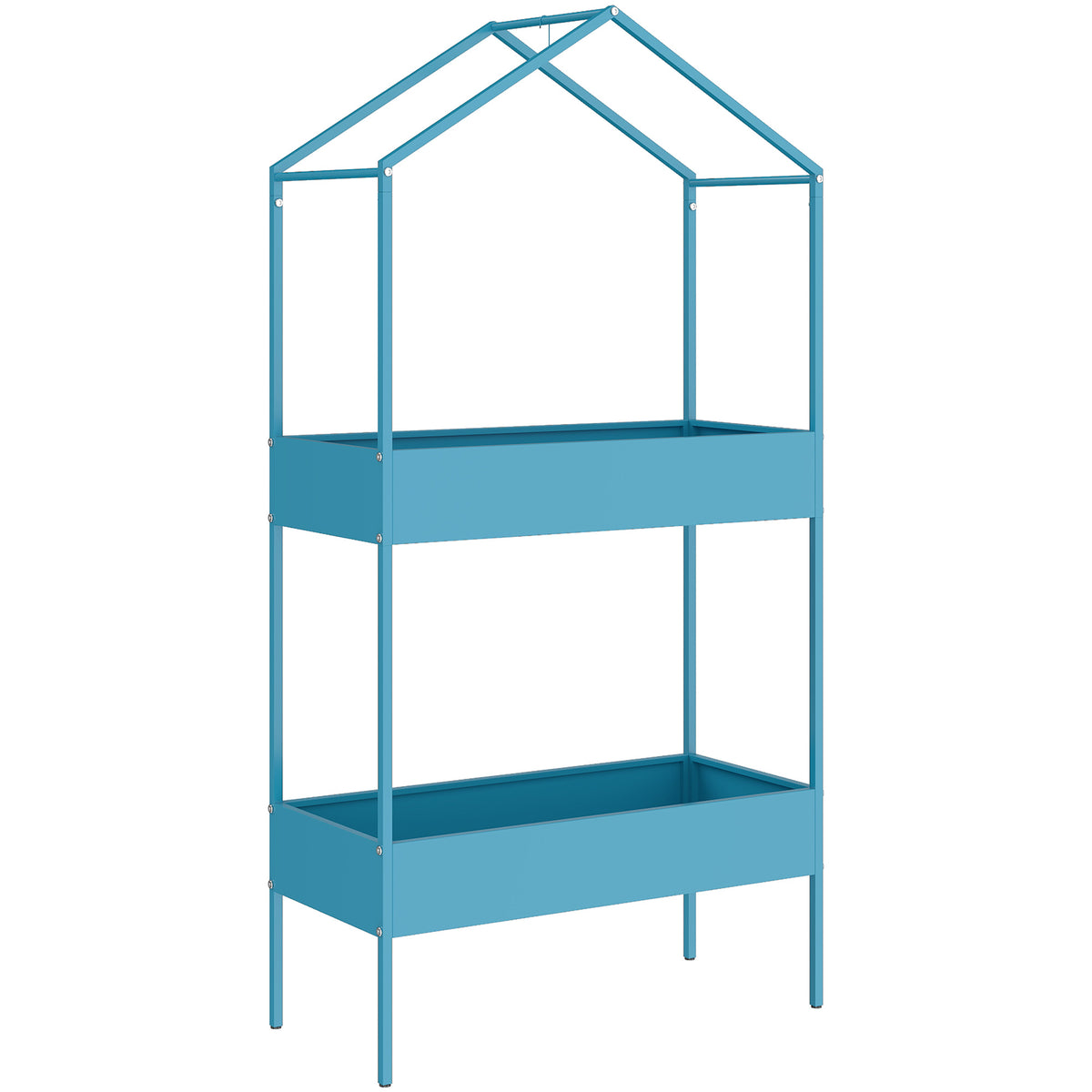 Étagère à Plantes 2 Niveaux, Support de Plantes en Métal avec Crochet, Porte-Pots en Forme de Maison, Bleu-Vert-0