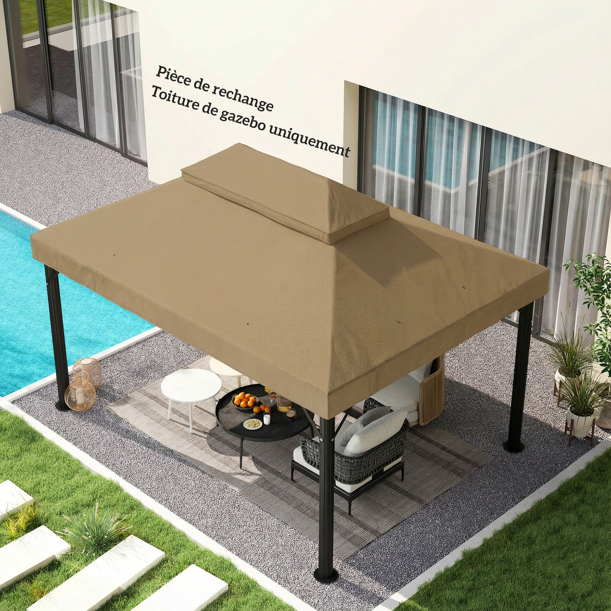 Toile de rechange pour pavillon toile de tonnelle 4 x 3 m, double toit avec trous de drainage, polyester 370 g/m², beige-6