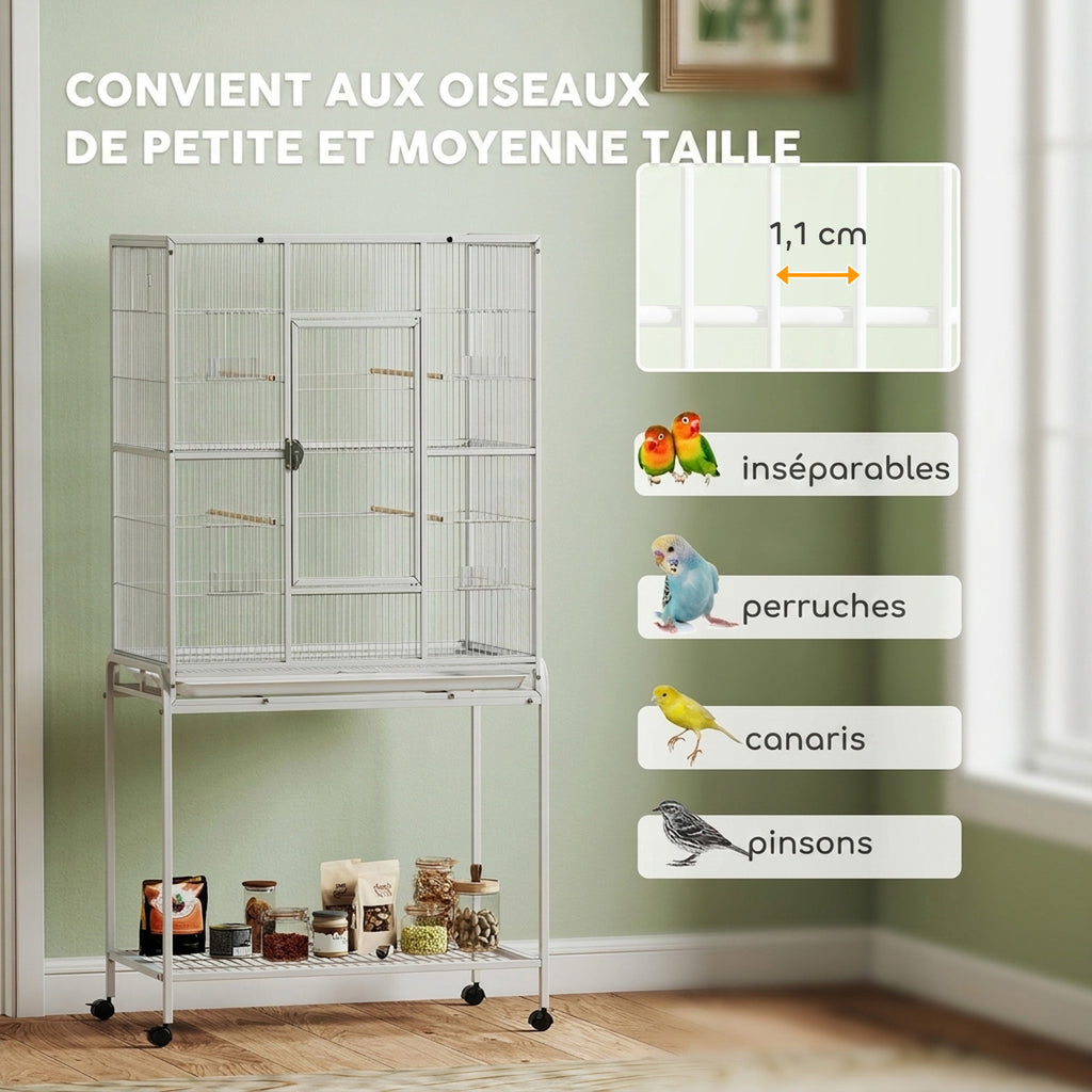 Cage à Oiseaux Portable avec 4 Mangeoires et 4 Perchoirs Pratique 81 x 48 x 162,5 cm Blanc-6