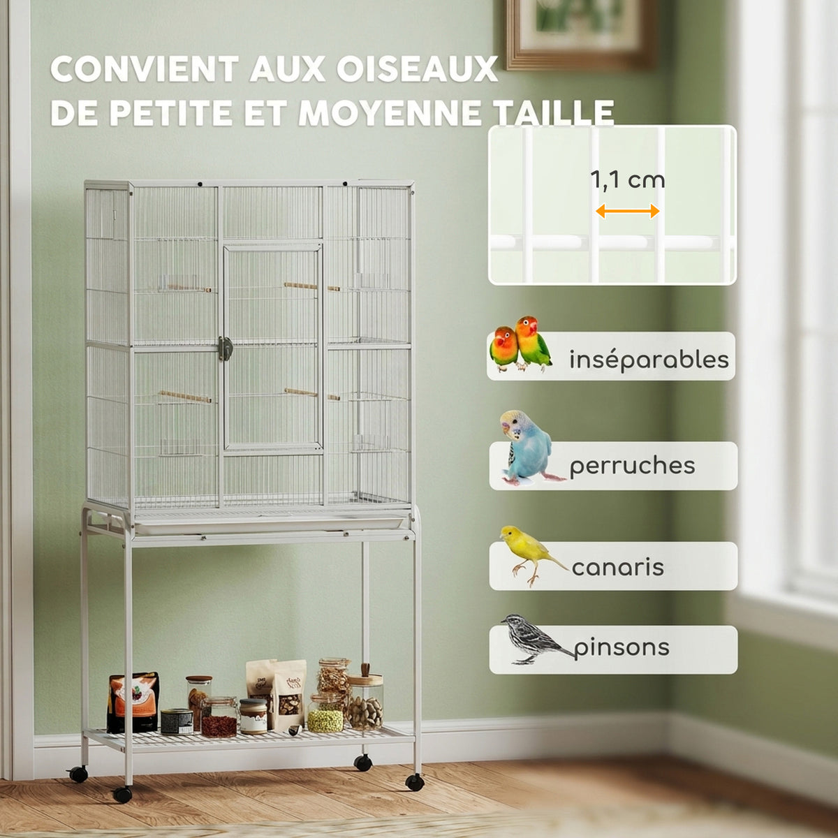 Cage à Oiseaux Portable avec 4 Mangeoires et 4 Perchoirs Pratique 81 x 48 x 162,5 cm Blanc-6
