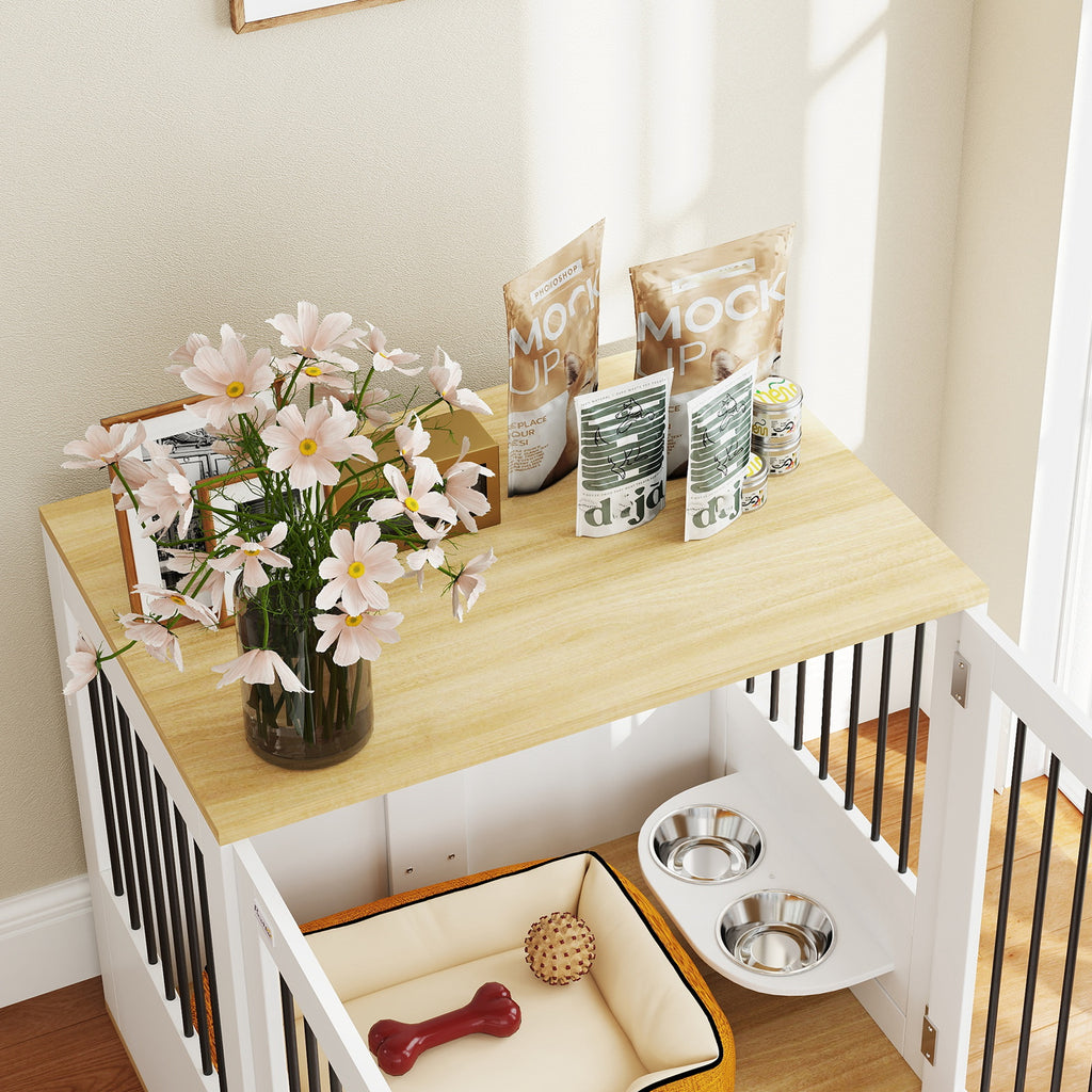 Cage pour chiens, table d'appoint, gamelles amovibles rotatives à 360° 2 portes pour chien moyenne 80x55x71,5cm blanc-7