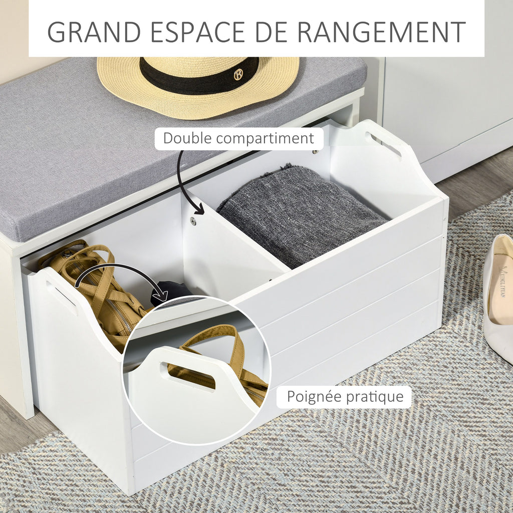 Banc de Rangement avec Coussin Gris - Meuble à Chaussures - Banc à Chaussures avec Grand tiroir Double Compartiment - MDF Blanc-3