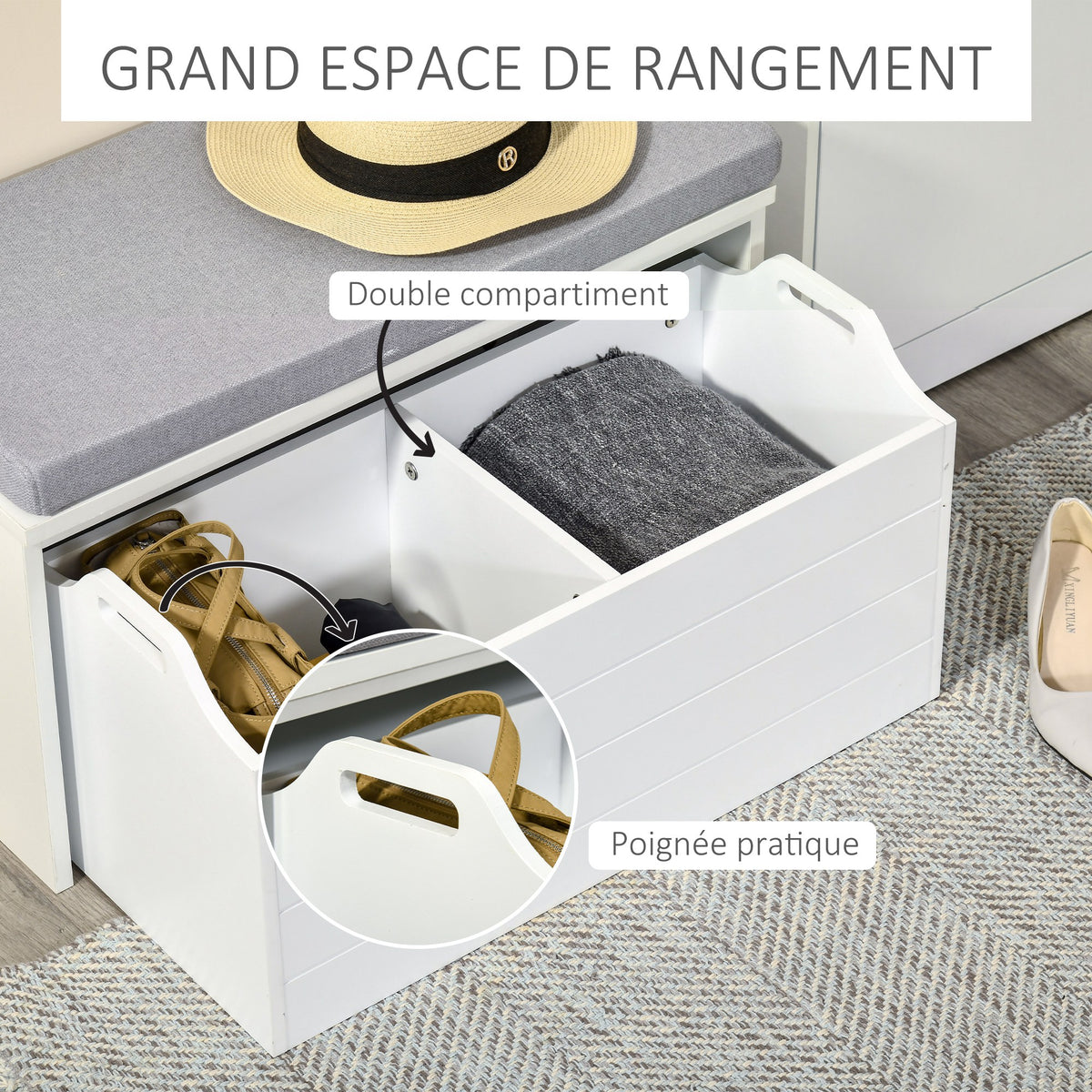 Banc de Rangement avec Coussin Gris - Meuble à Chaussures - Banc à Chaussures avec Grand tiroir Double Compartiment - MDF Blanc-3