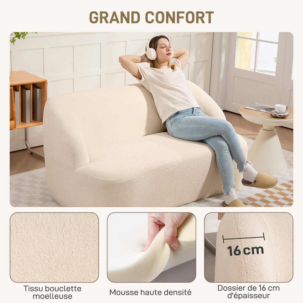 Canapé 2 places canapé en tissu bouclette 142 cm avec dossier et assise incurvés, aucun assemblage requis, beige-4