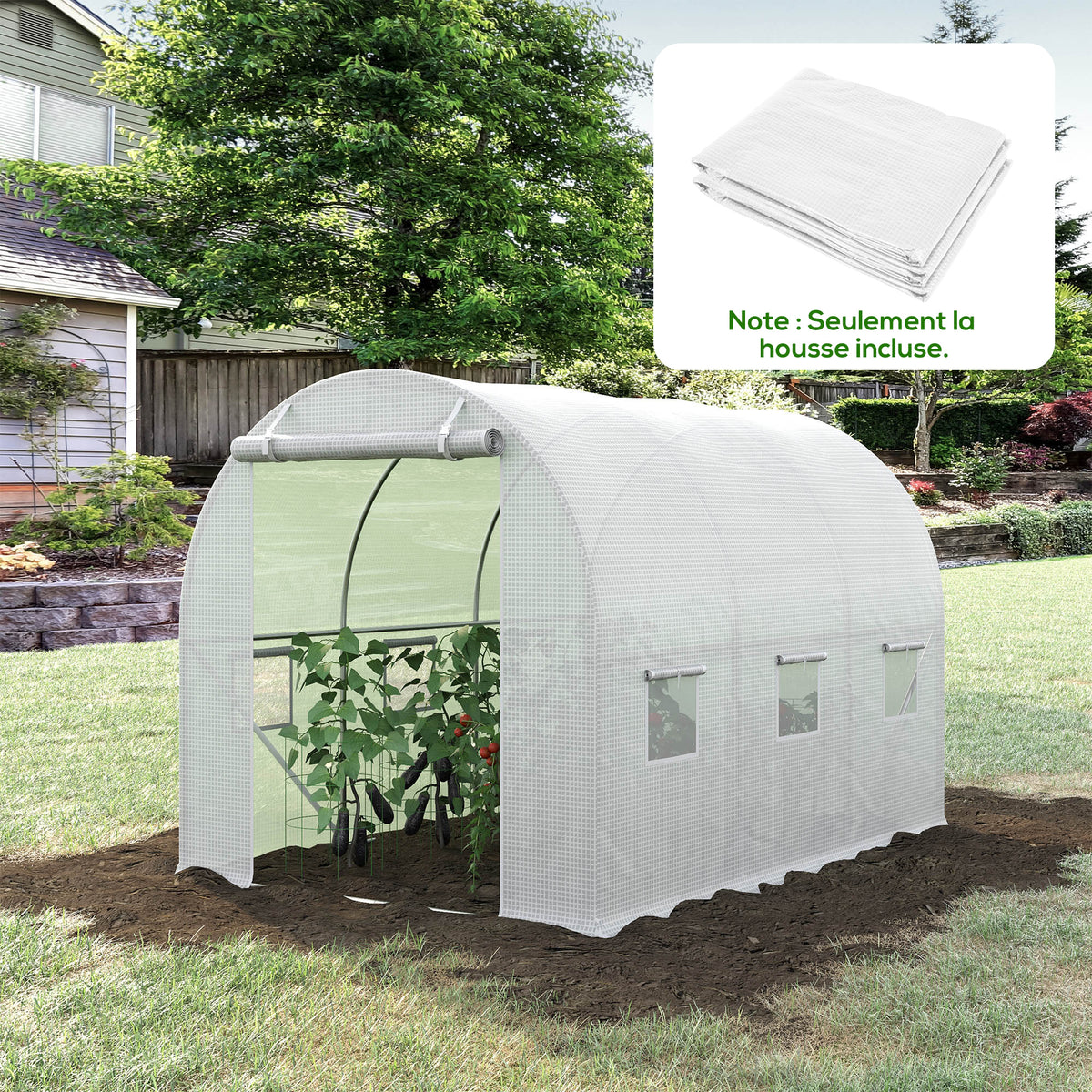 Bâche de Rechange Serre Tunnel 6 m², bâche PE Anti-UV imperméable 6 fenêtres + Porte Enroulable zippée Blanc-1