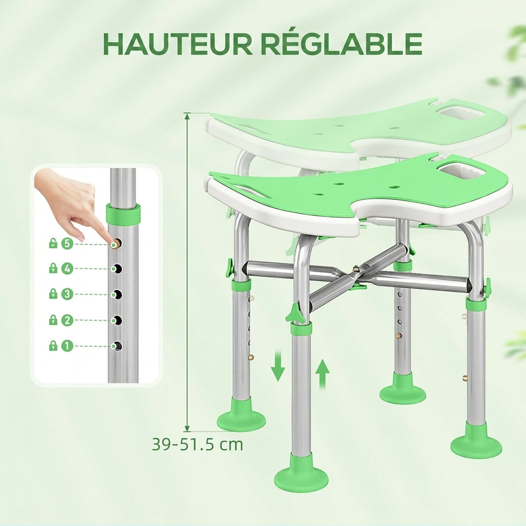 Tabouret de Douche, Hauteur Ajustable 39-51,5 cm, Barre d'Appui à Ventouse, Patins à Ventouse, Vert-4