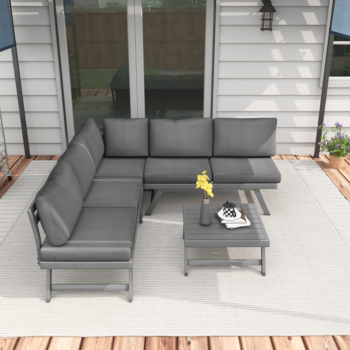 Ensemble salon de jardin d'angle et convertible 4 pièces avec 2 banquettes, 1 fauteuil d'angle et 1 table basse-7