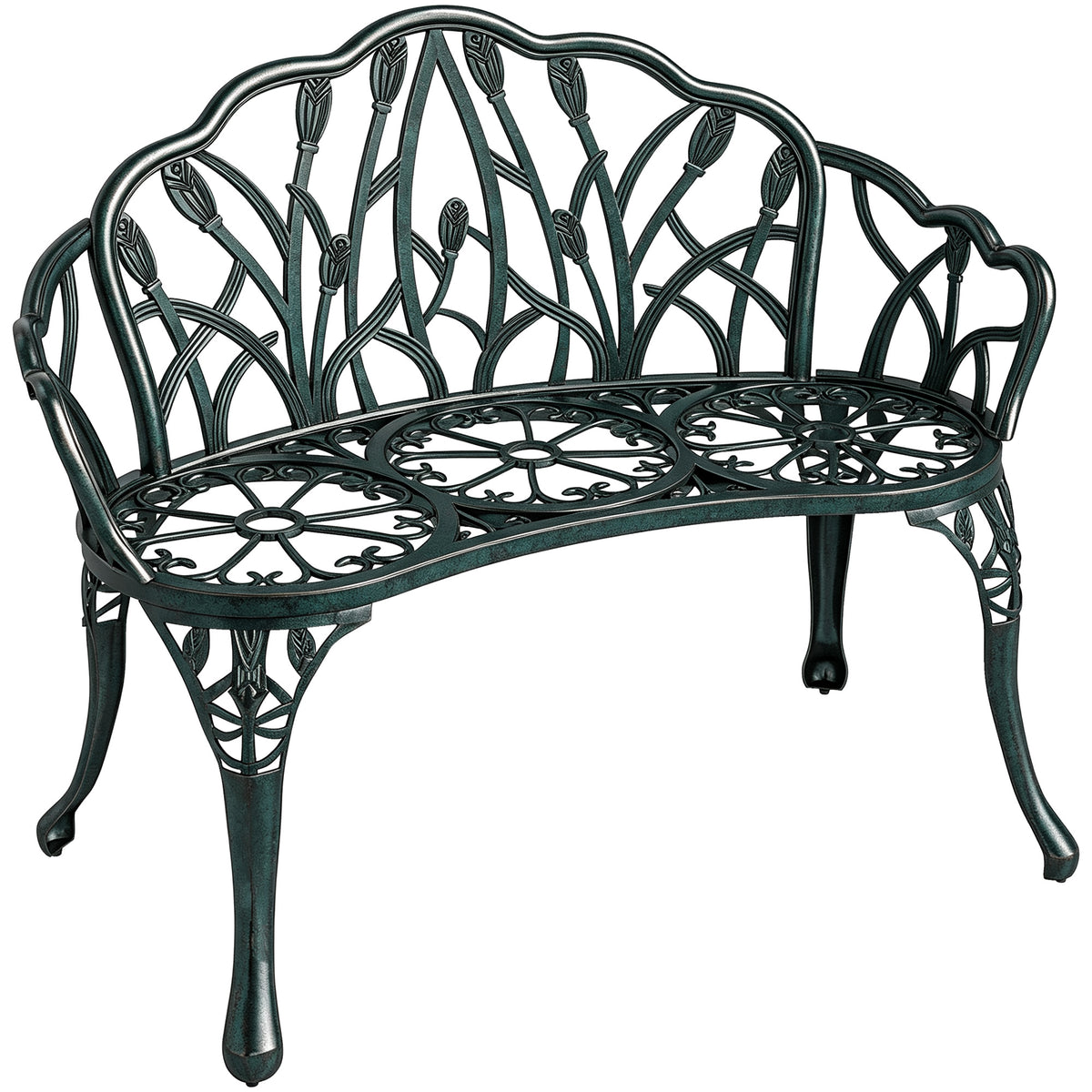 Banc de jardin en aluminium moulé, banc extérieur 2 places avec dossier tulipe, assise florale, 99x57x78cm, vert antique-0