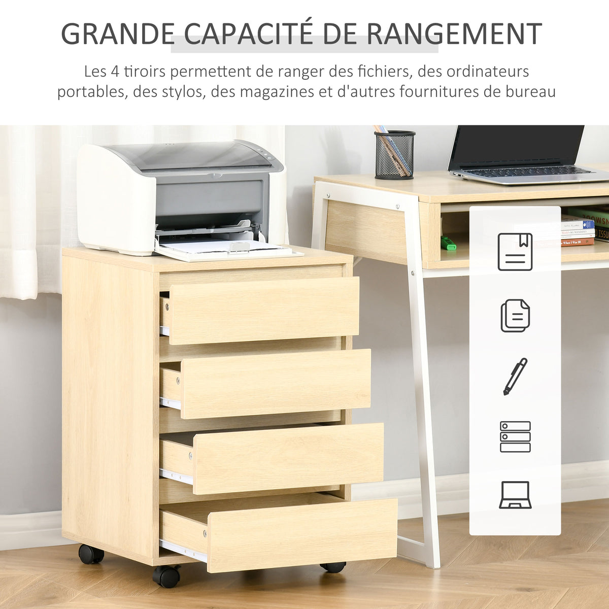 Caisson de Bureau, Rangement Bureau sur Roulettes, 4 Tiroirs Coulissants en Bois, Naturel-3