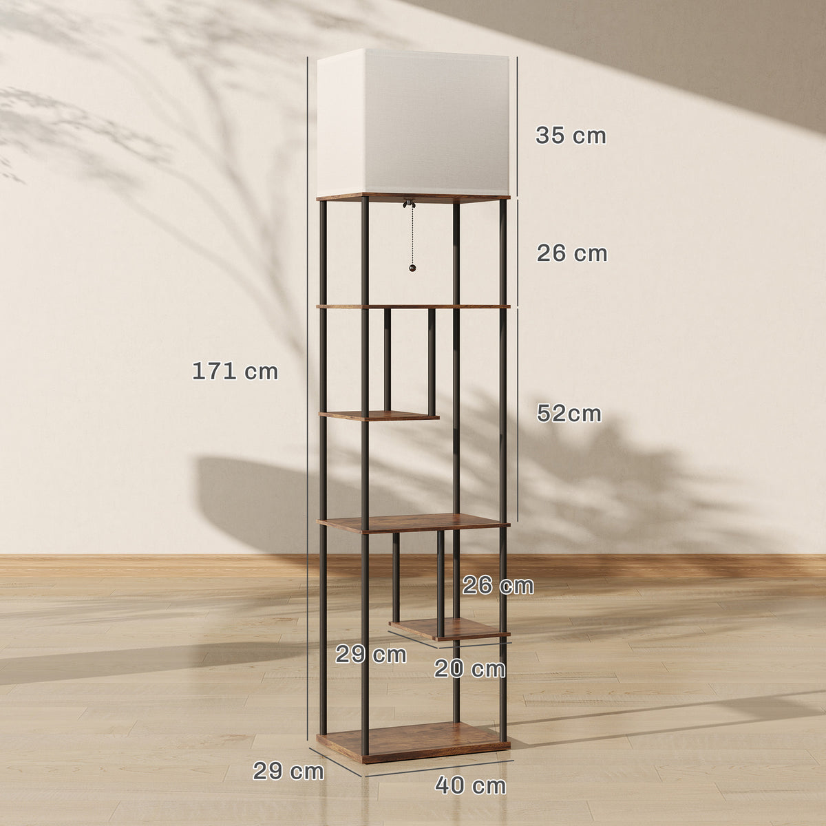 Lampadaire avec étagères, lampadaire sur pied de salon dimmable, télécommande, 40 x 29 x 171 cm, brun rustique-2