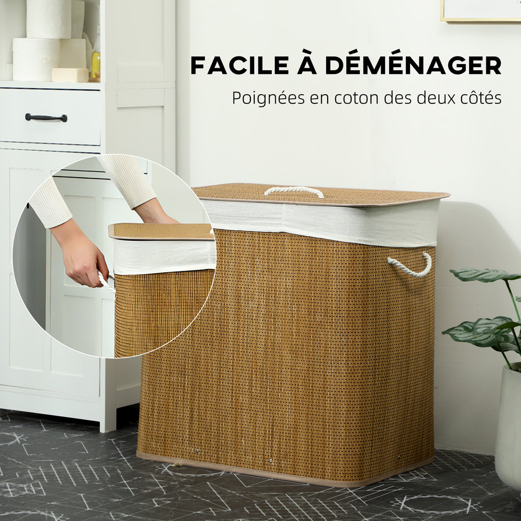 Panier à linge à trois compartiments avec couvercle, panier à linge en bambou 144 L avec poignées en corde-5