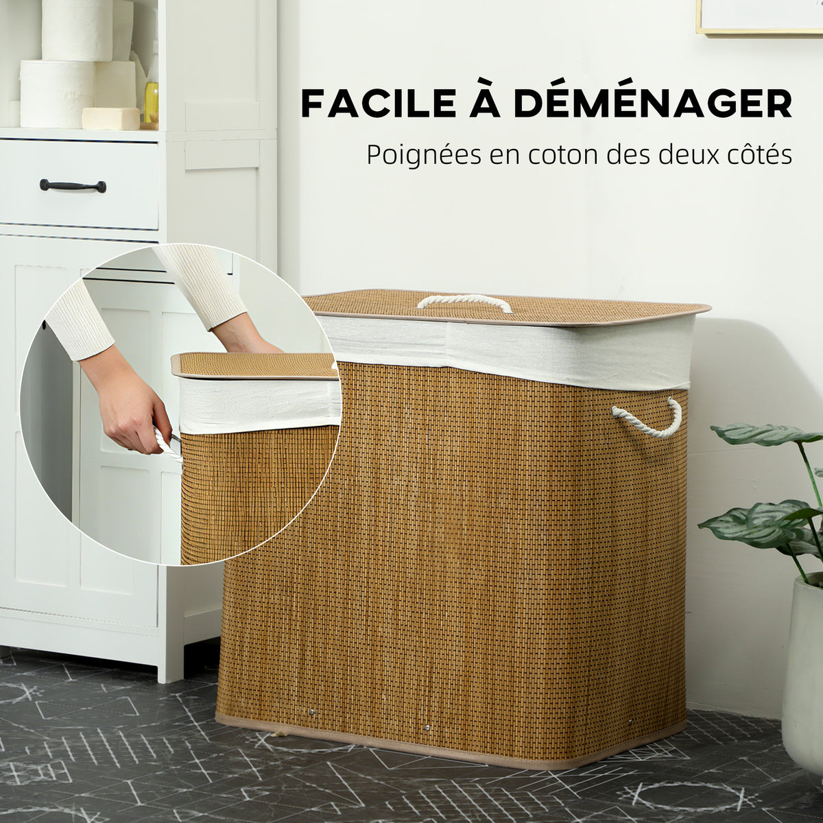 Panier à linge à trois compartiments avec couvercle, panier à linge en bambou 144 L avec poignées en corde-5