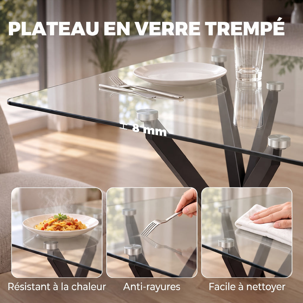 Table de Cuisine, Plateau en Verre Trempé, Piétement Croisé en Acier, Style Moderne, pour Salle à Manger, Cuisine, Salon-4