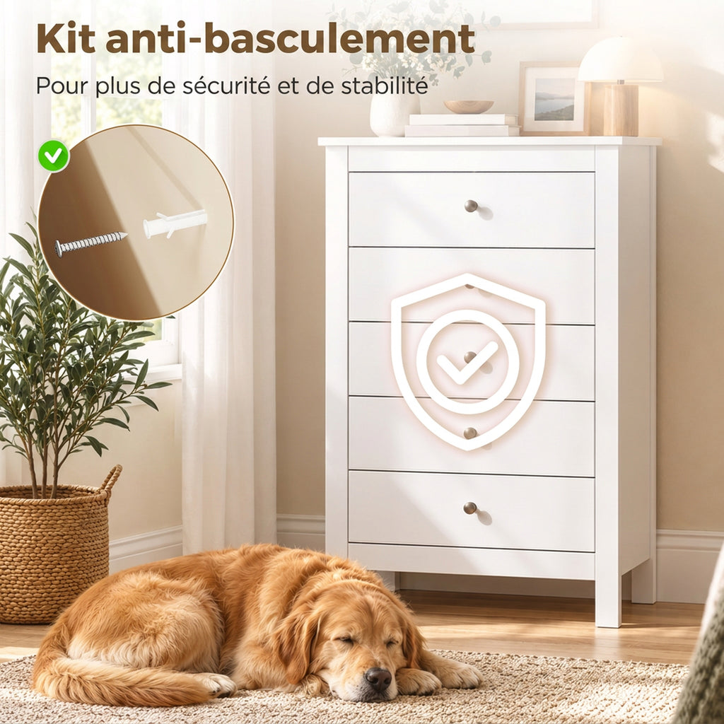 Commode 5 Tiroirs, Meuble de Rangement avec Glissières Fluides, Chiffonnier, Style Moderne, 60 x 39,5 x 95,3 cm, Blanc-5
