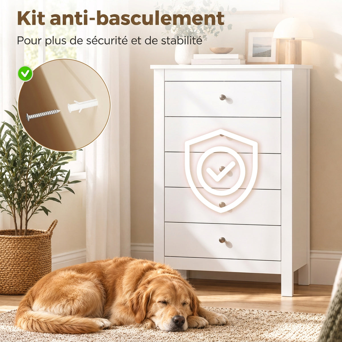 Commode 5 Tiroirs, Meuble de Rangement avec Glissières Fluides, Chiffonnier, Style Moderne, 60 x 39,5 x 95,3 cm, Blanc-5