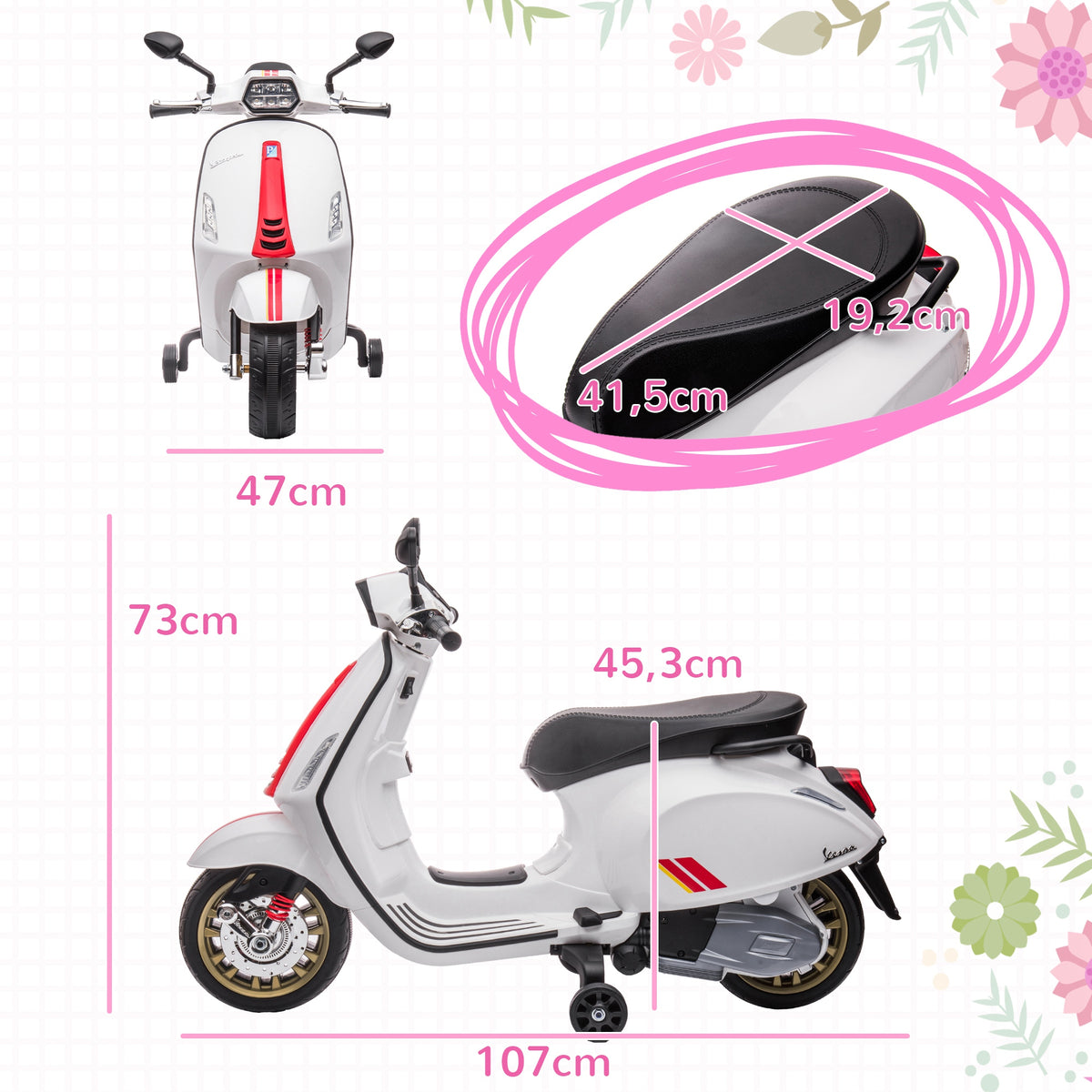 Scooter électrique enfant Vespa 6 V dim. 107L x 47l x 73H cm Musique MP3 Port USB Phare 2 roues d'entraînement - Blanc-2