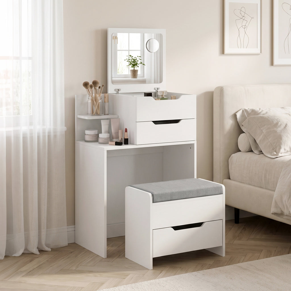 Coiffeuse avec Miroir Rabattable, Tabouret à Roulettes, Siège Rembourré, Tiroir, Étagère, Compartiment, Blanc-7