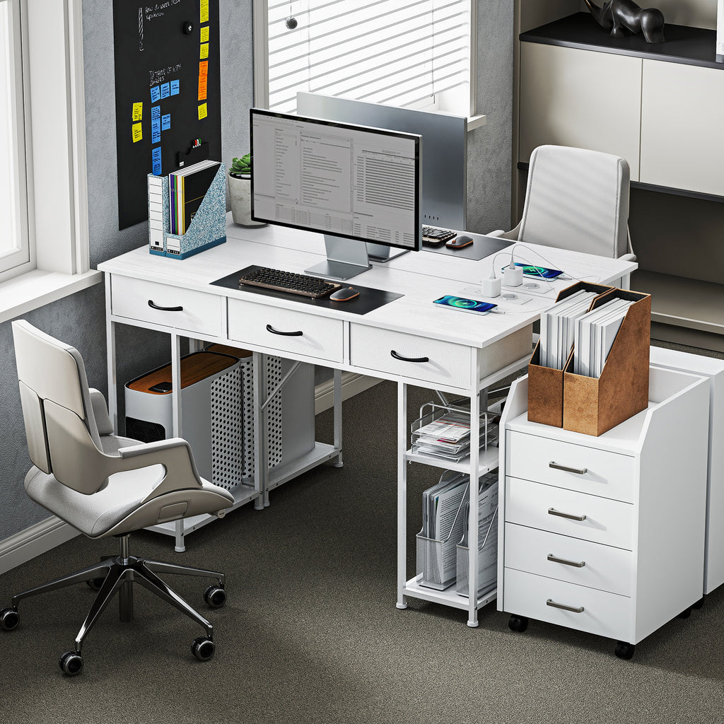 Bureau avec rangement avec prises de courant, 3 tiroirs en tissu et 4 étagères de rangement, 120 x 40 x 76 cm, blanc-7
