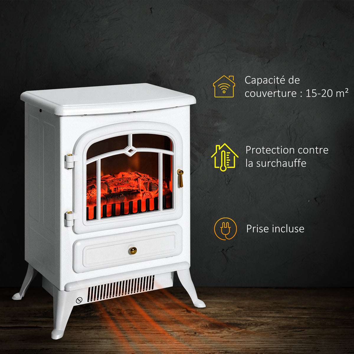 Cheminée électrique à Effet de Flamme poêle Style rétro Thermostat 950-1850 W Anti surchauffe blanc-3