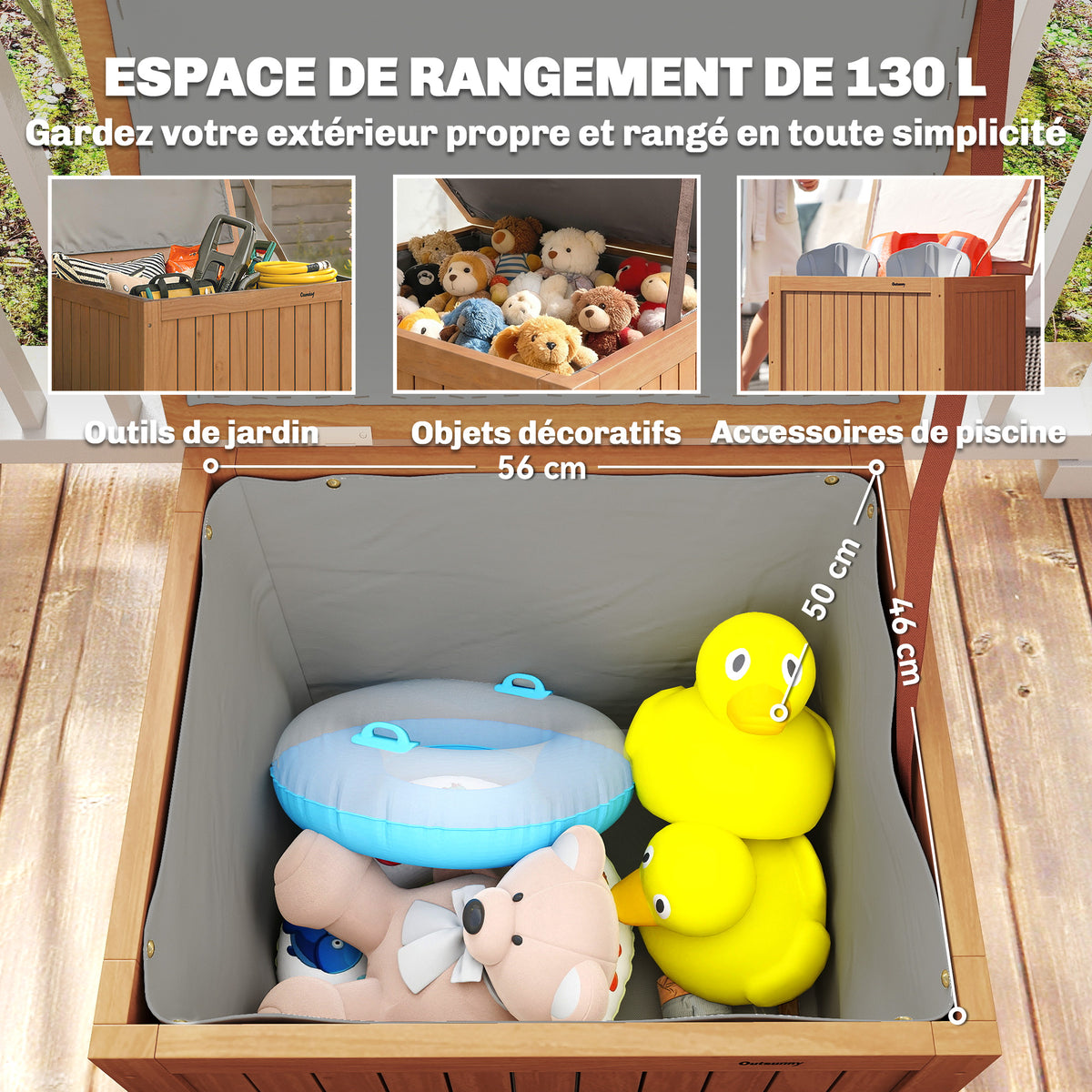 Coffre de Rangement Boîte de Jardin 130L Doublure Amovible pour Coussins et Outils Bois Massif Brun-3