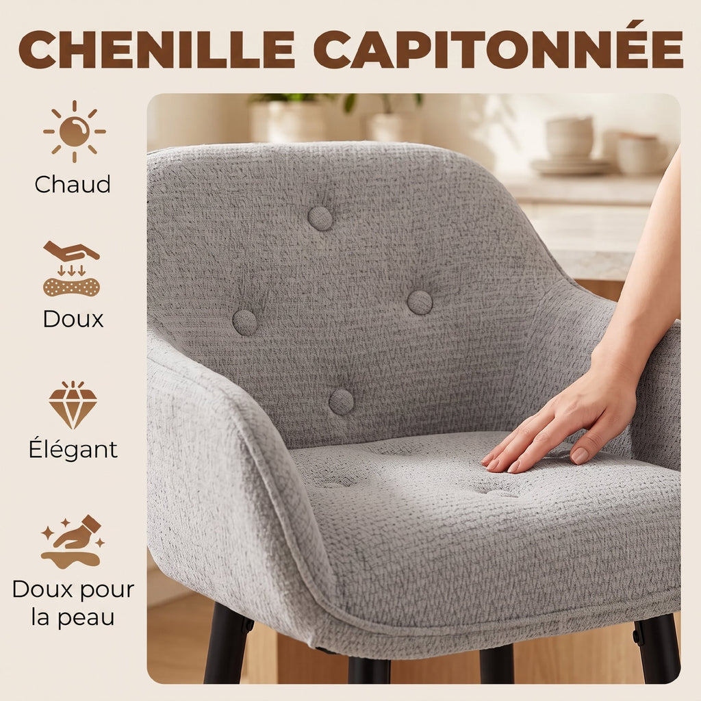 Lot de 2 Tabourets de Bar, Chaises de Bar Rembourrées en Chenille, Assise Large 67H cm, Dossier et Repose-Pieds, Gris-5