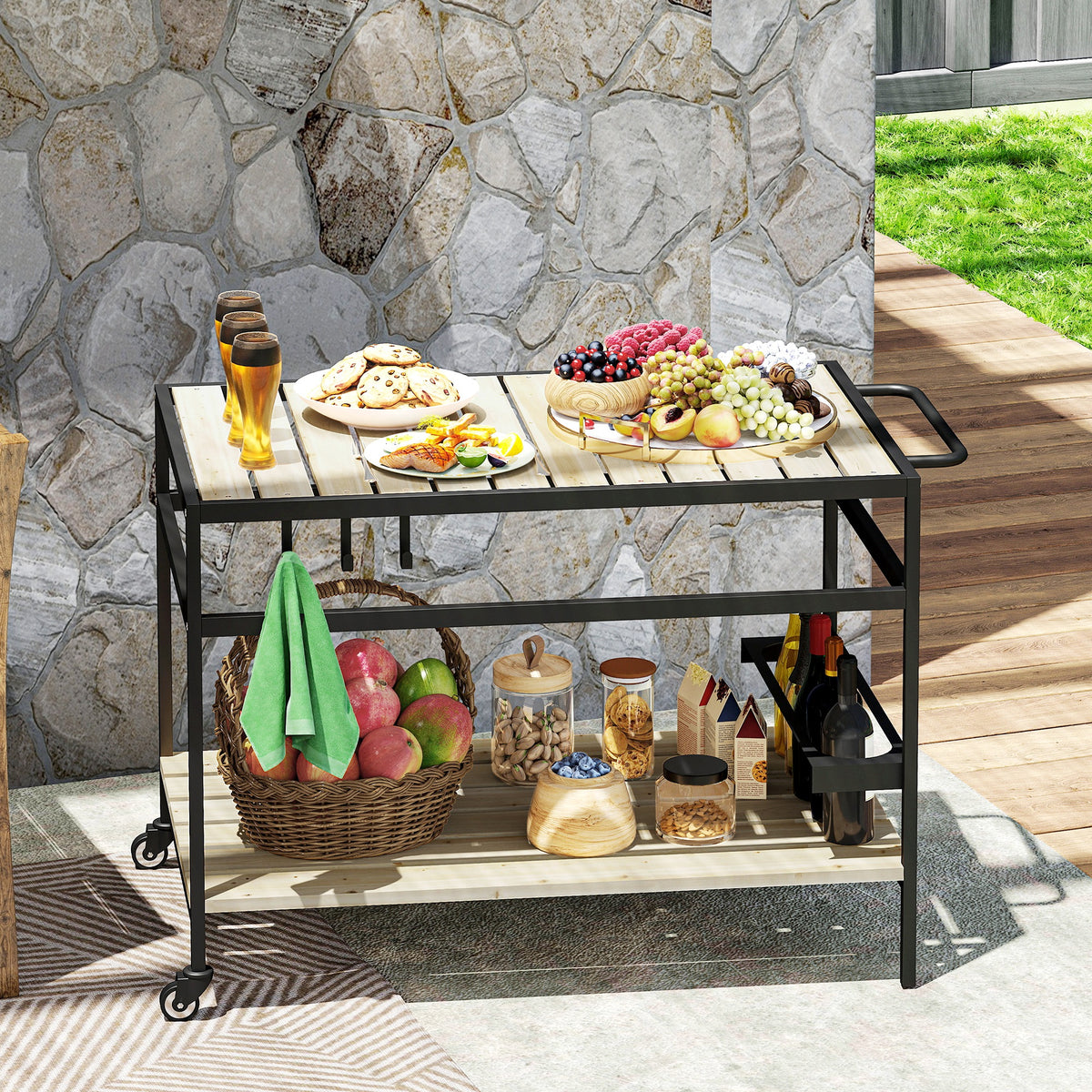 Desserte de jardin chariot pour plancha en bois et métal 2 étagères 3 crochets 107 x 65 x 80 cm noir naturel-1