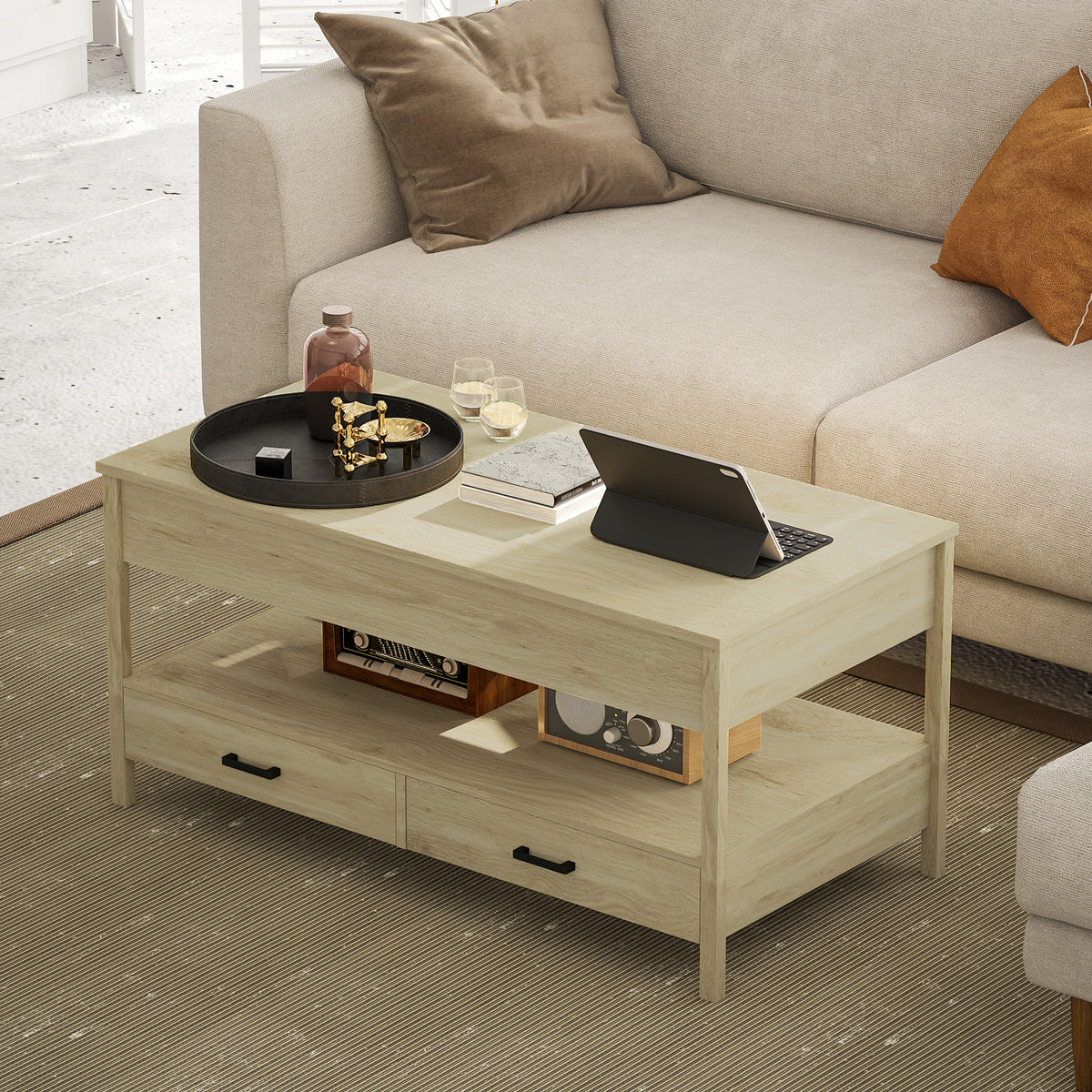 Table basse relevable, table basse avec tiroirs et compartiment caché pour salon, bureau à domicile, chêne-6