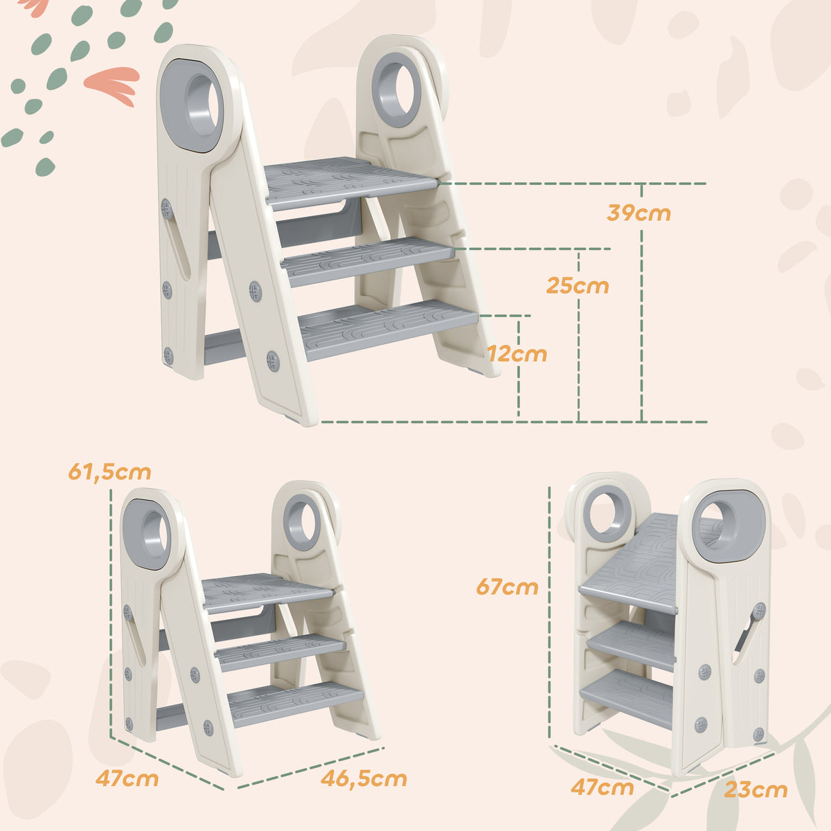 Marche pied pour enfant 3 marches, marchepied de cuisine pour enfant, pliable, hauteur ajustable de 2 à 3 marches, gris-2