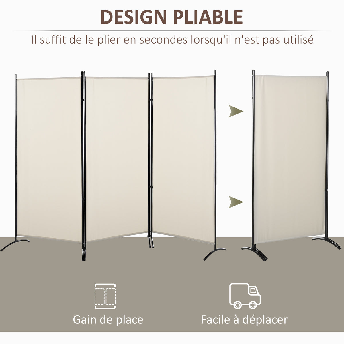 Paravent 3 panneaux dim. 2,53L x 0,5l x 1,82H m Store latéral Brise-Vue paravent sur Pied séparateur métal Polyester-3