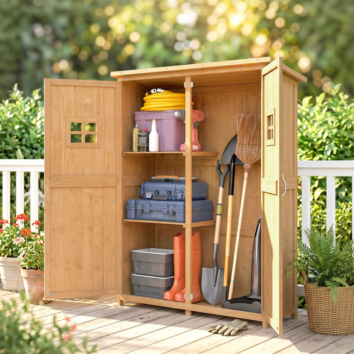 Abri de Jardin en bois Armoire de Jardin dim. 127,5L x 50l x 164H cm 2 étagères 2 Portes 2 fenêtres Toit bitumé étanche Bois Massif Sapin pré-huilé bois naturel-1