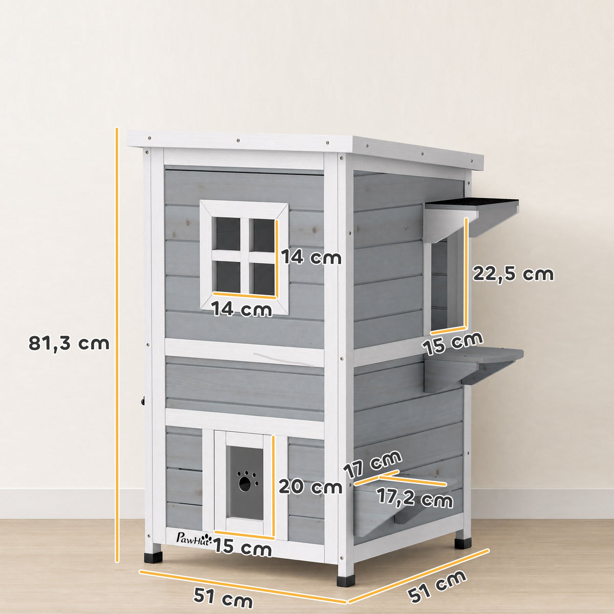 Maisonnette pour chats sur 2 étages en bois intérieur et extérieur toit rabattable 51 x 51 x 81,3 cm blanc et gris-2