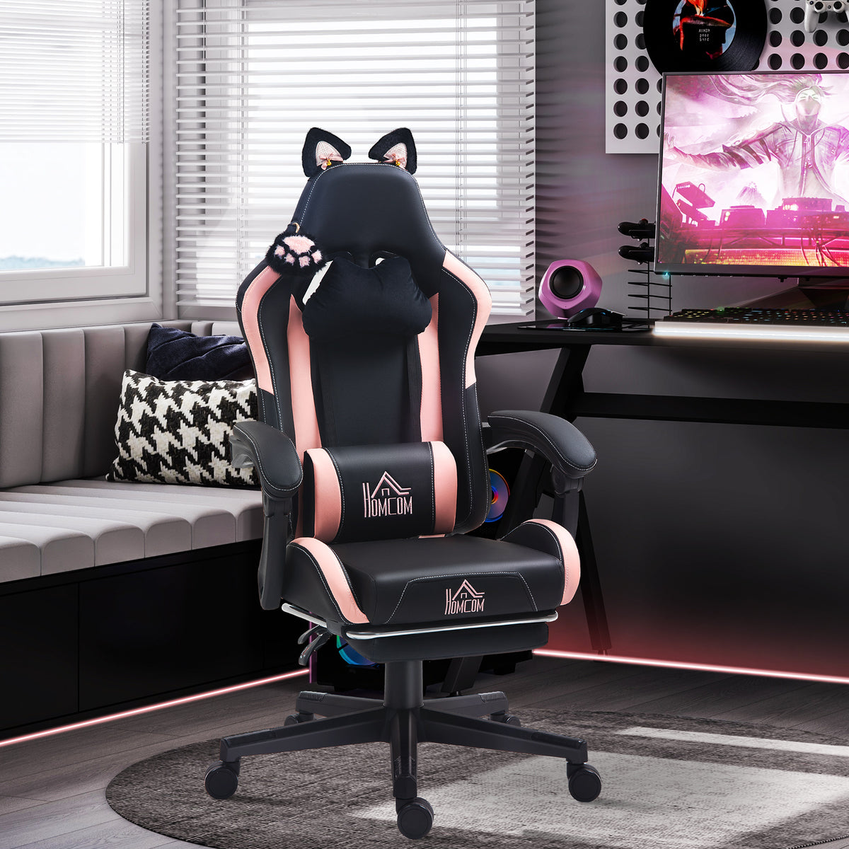 Chaise gaming ergonomique avec Oreilles de Chat, fauteuil gamer avec dossier inclinable, 65 x 62 x 124 cm, noir-1