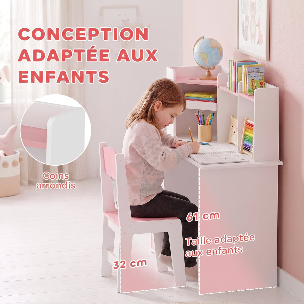 Bureau Enfant avec Chaise, Table d'Étude, Support de Tablette Réglable, Porte-Stylos, Panneau en Liège, 5-12 ans, Rose-6