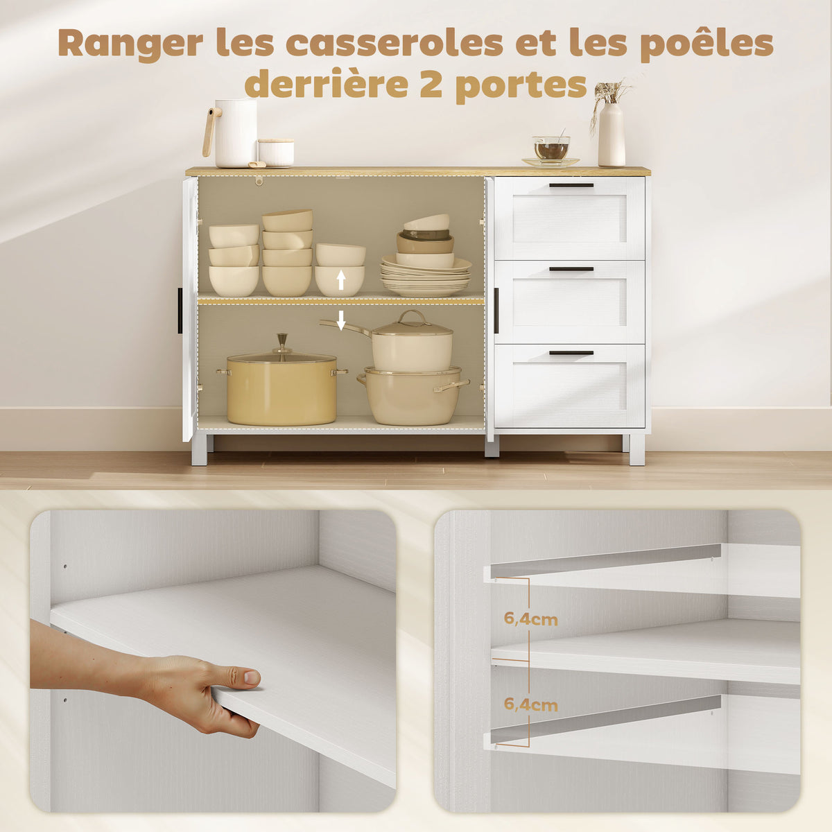 Buffet salon, meuble de rangement, double porte à fermeture amortie, 3 tiroirs et étagère réglable, 120x38x76cm, blanc-3