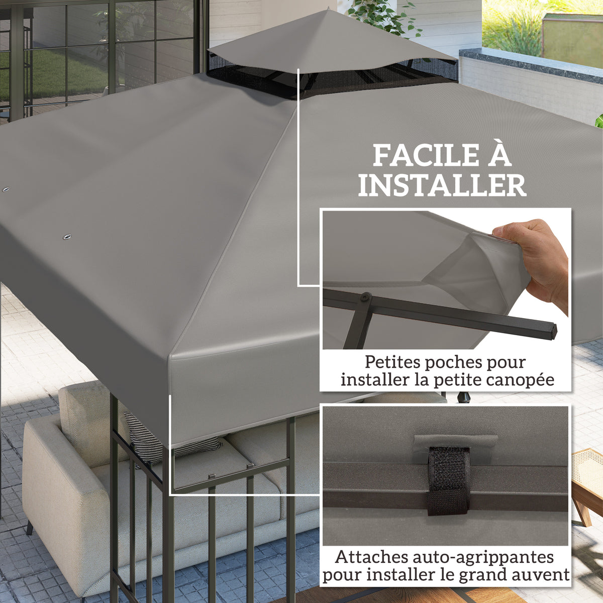 Toile pour tonnelle 3 x 3 m toile de rechange pour tonnelle à 2 niveaux protection UPF30+ trous de drainage gris-4