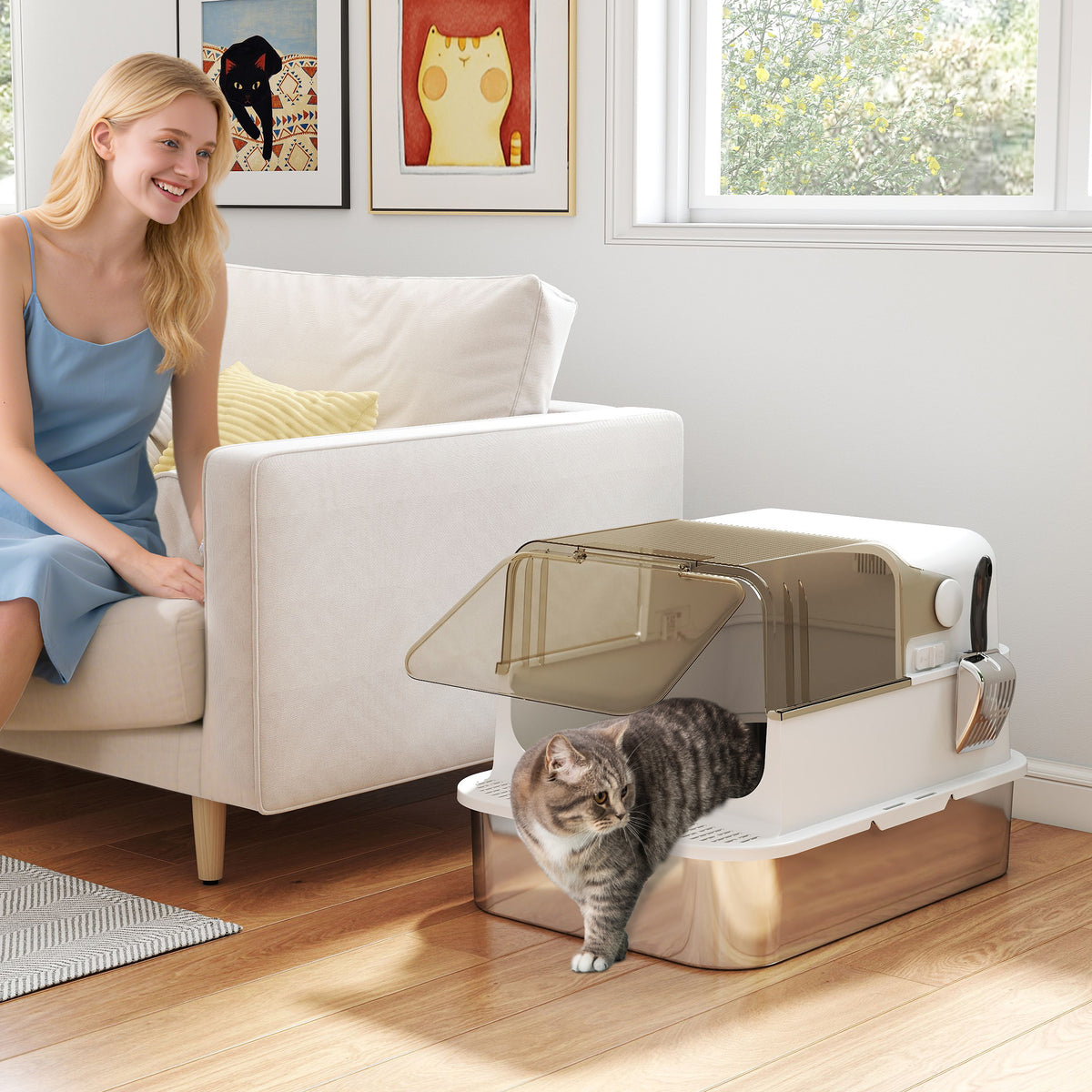 Bac à litière pour chat fermé en acier inoxydable, maison de toilette pour chat avec pelle, 70 x 50 x 46,5 cm, blanc-9