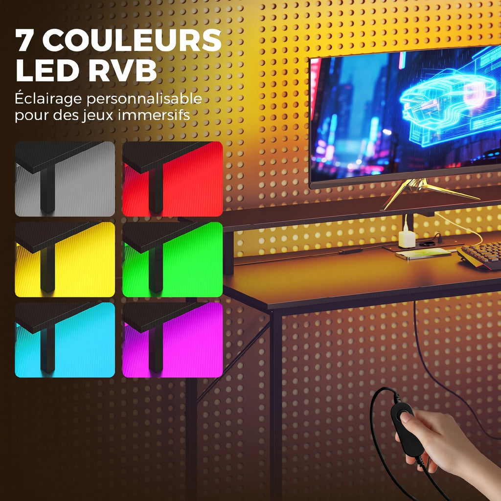 Bureau Gaming 147 x 47 cm, Éclairage RGB, Prises et Ports USB, Support pour Unité Centrale Réglable et Réversible, Noir-4