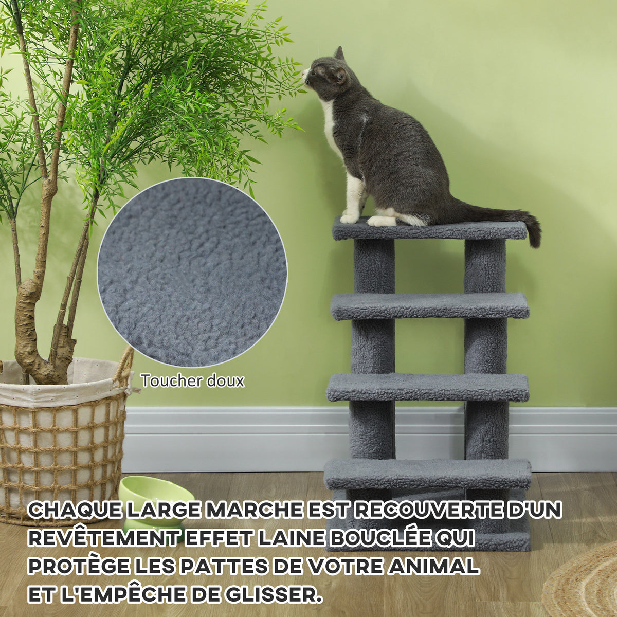 Escalier pour animaux de compagnie avec 4 marches revêtement effet laine bouclée 61 x 41 x 60 cm gris-3