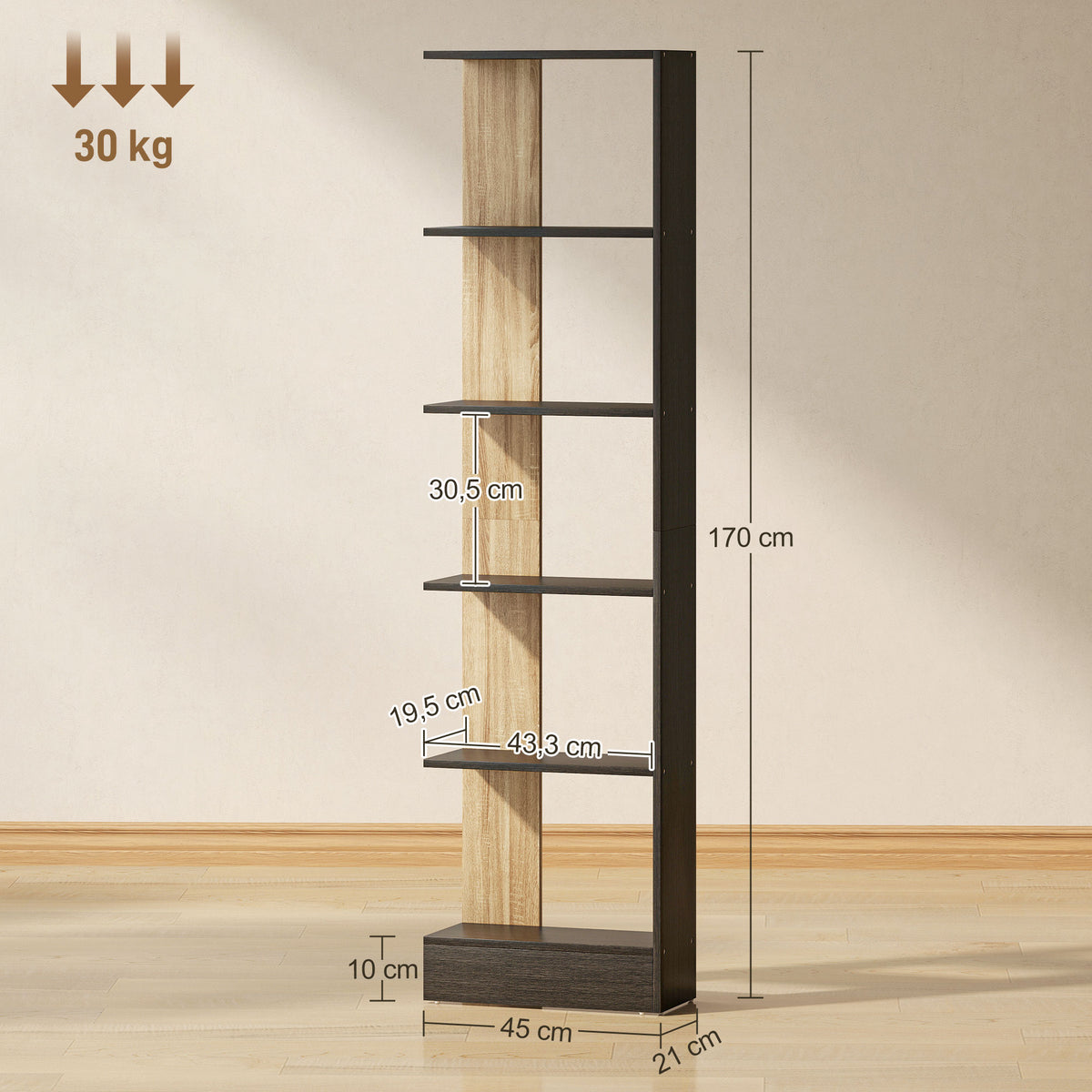 Bibliothèque Étagère de Rangement avec 5 Compartiments Ouverts 45 x 21 x 170 cm Noir et Chêne-2