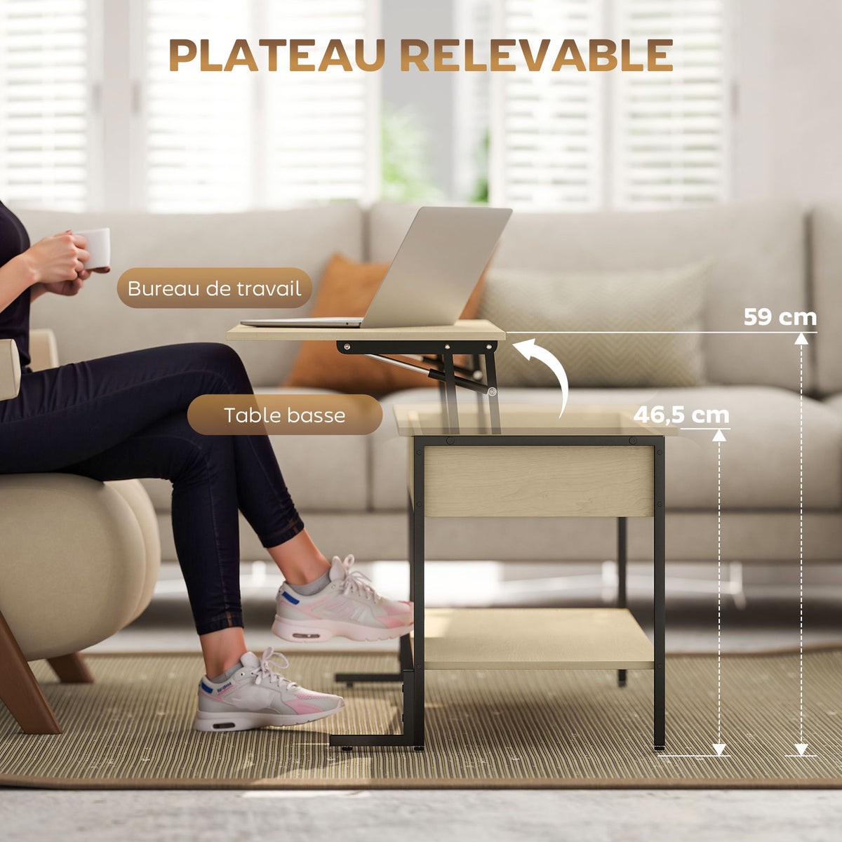 Table basse avec plateau relevable, table de salon avec compartiment caché et étagère ouverte, 95x40x59cm, bois naturel-3