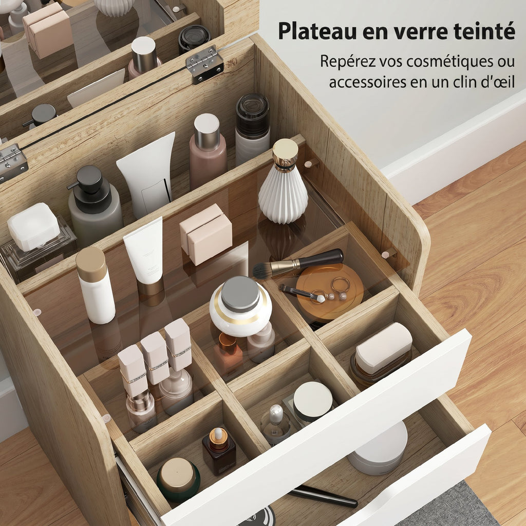 Coiffeuse avec miroir rabattable et tabouret de rangement, table de maquillage, 2 tiroirs, siège rembourré, chêne blanc-6