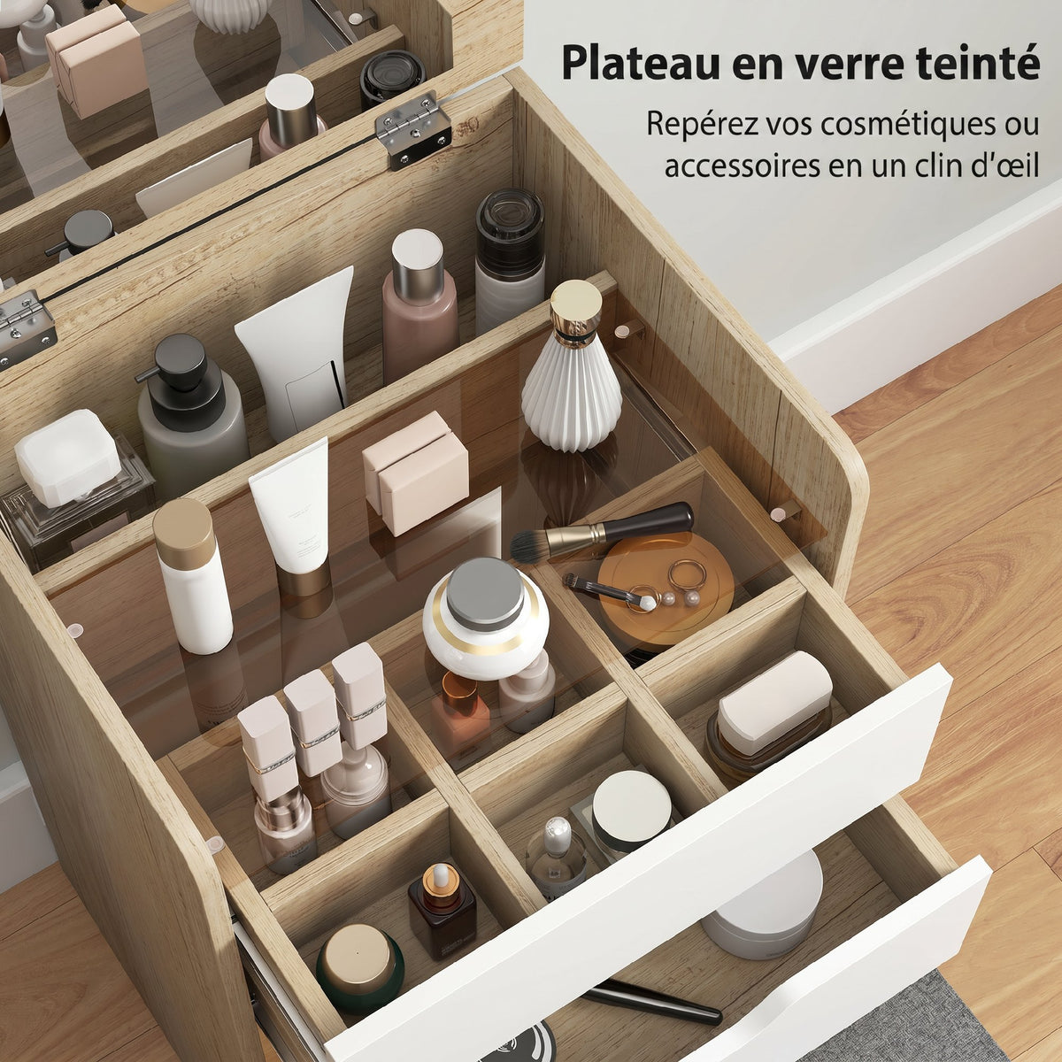 Coiffeuse avec miroir rabattable et tabouret de rangement, table de maquillage, 2 tiroirs, siège rembourré, chêne blanc-6