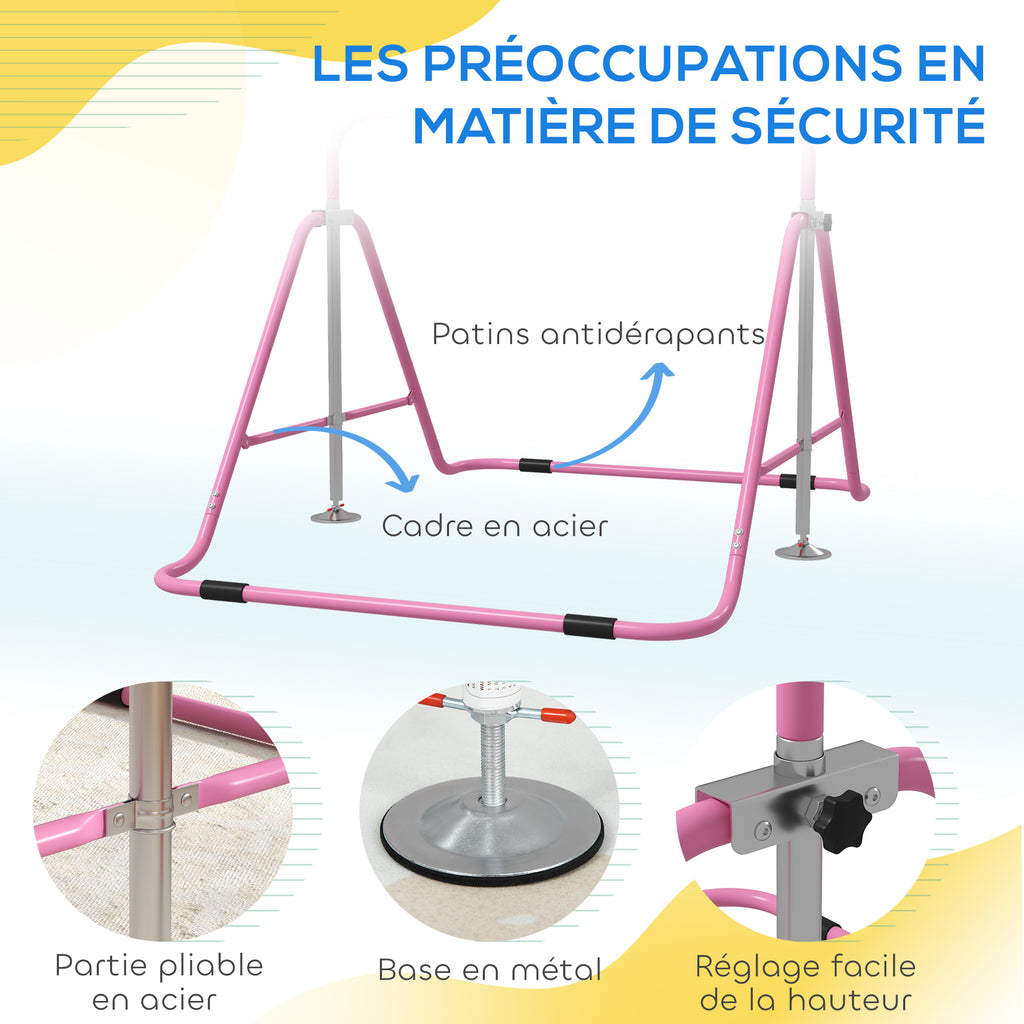 Barre fixe de gymnastique pour enfants pliante hauteur réglable de 88 à 128 cm rose-4