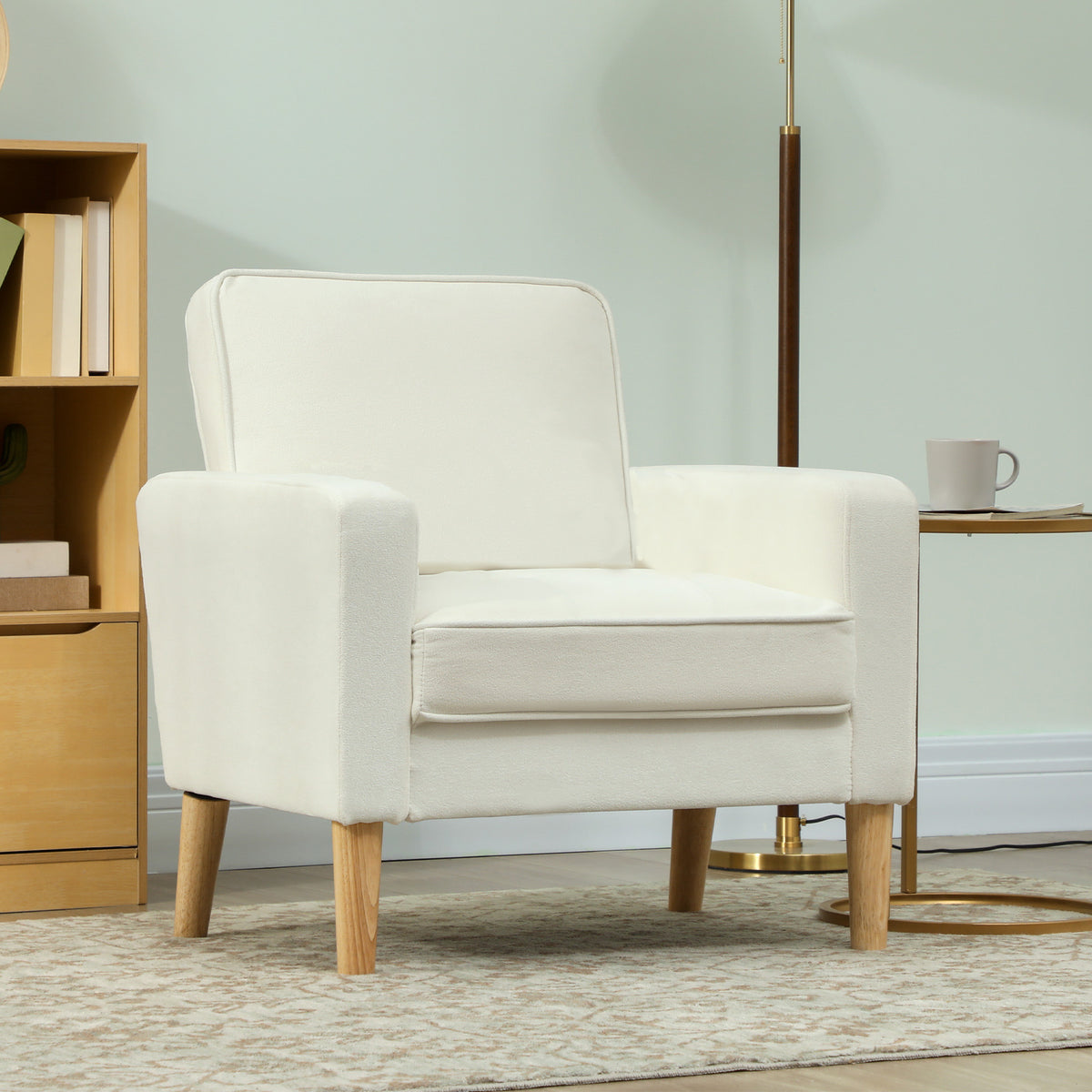Fauteuil de salon en velours, canapé 1 place rembourré avec assise large, pour chambre, salon, petit espace, crème-1