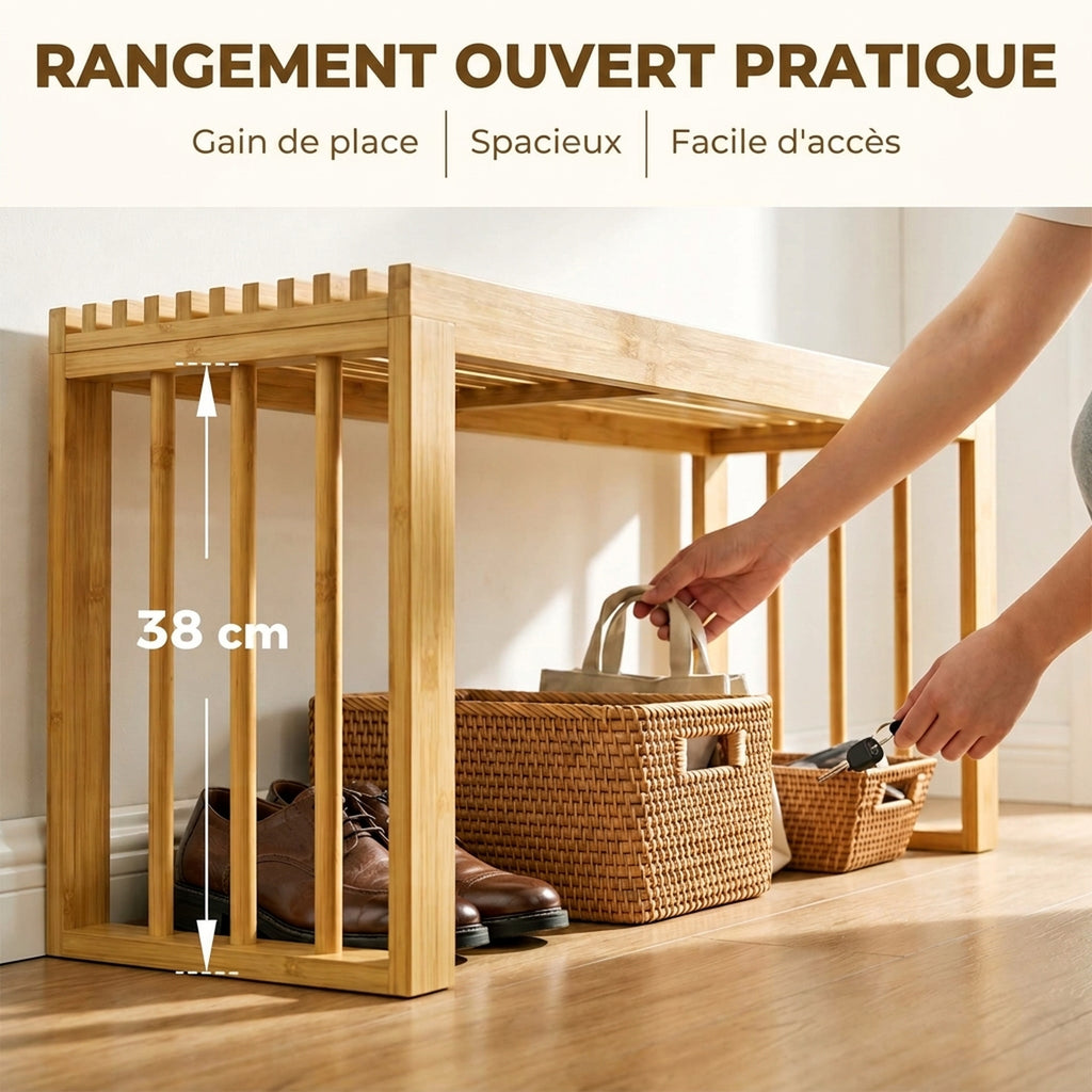 Banc à Chaussures en Bambou, Banc d'Entrée Sans Dossier, Assise en Bois Ajourée, 90 x 33 x 43 cm, Bois Naturel-5