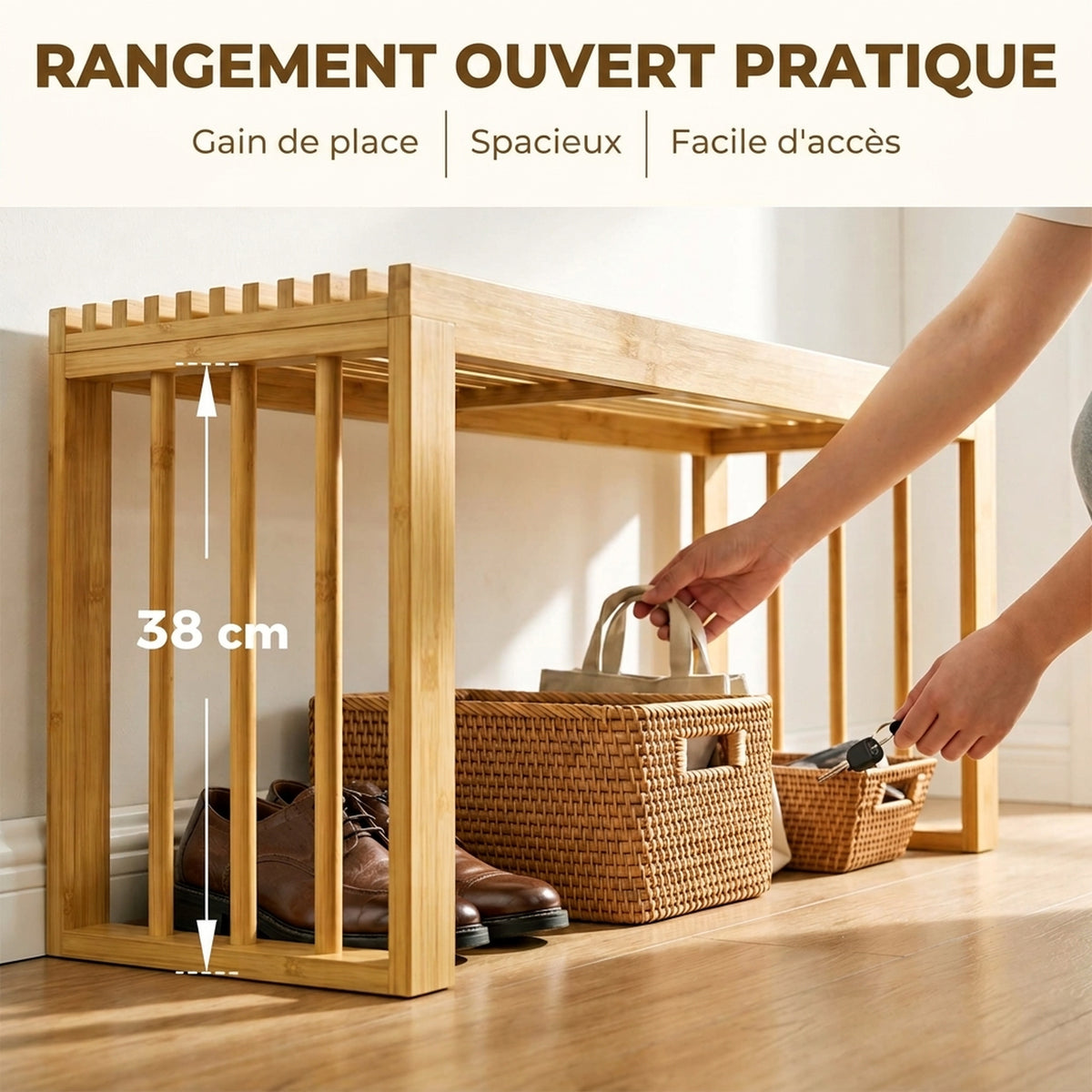 Banc à Chaussures en Bambou, Banc d'Entrée Sans Dossier, Assise en Bois Ajourée, 90 x 33 x 43 cm, Bois Naturel-5