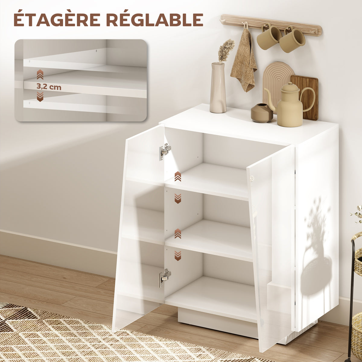 Buffet meuble de rangement avec placard double porte et étagère réglable, 70 x 40 x 88 cm, blanc brillant-4